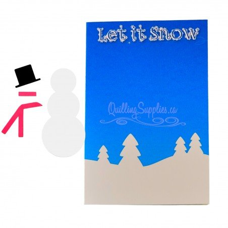 Let it snow blue and white holiday card with snowman pieces and envelopes